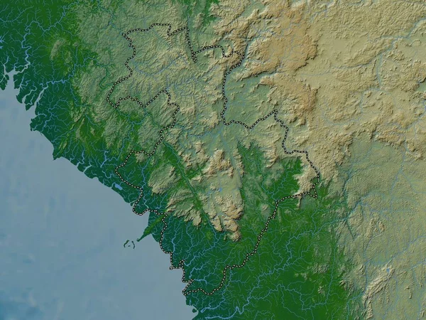 Kindia Regione Della Guinea Mappa Elevazione Colorata Con Laghi Fiumi — Foto Stock