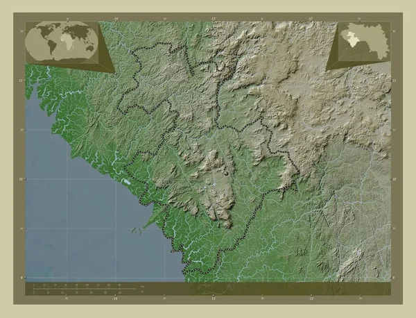 Kindia Gine Bölgesi Yükseklik Haritası Göller Nehirlerle Wiki Tarzında Renklendirilmiş — Stok fotoğraf