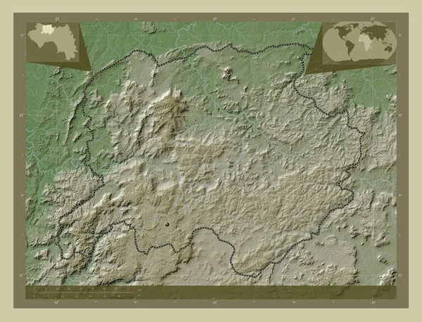 几内亚地区 用Wiki风格绘制的带有湖泊和河流的高程地图 角辅助位置图 — 图库照片