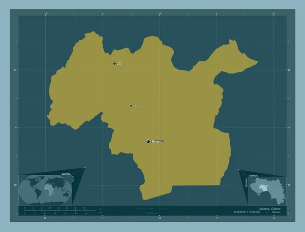 マムー ギニアの地域 しっかりした色の形 地域の主要都市の位置と名前 コーナー補助位置図 — ストック写真