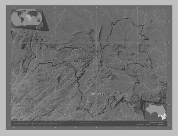 Nzerekore Regionen Guinea Grayscale Höjdkarta Med Sjöar Och Floder Platser — Stockfoto
