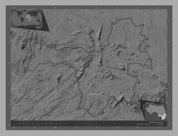 Nzerekore Region Gwinei Dwupoziomowa Mapa Jeziorami Rzekami Lokalizacje Nazwy Głównych — Zdjęcie stockowe