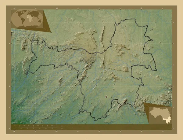 Nzerekore Region Gwinei Kolorowa Mapa Wzniesień Jeziorami Rzekami Pomocnicze Mapy — Zdjęcie stockowe