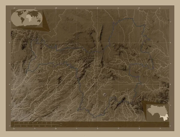 Nzerekore Регион Гвинеи Карта Высоты Окрашенная Сепиевые Тона Озерами Реками — стоковое фото