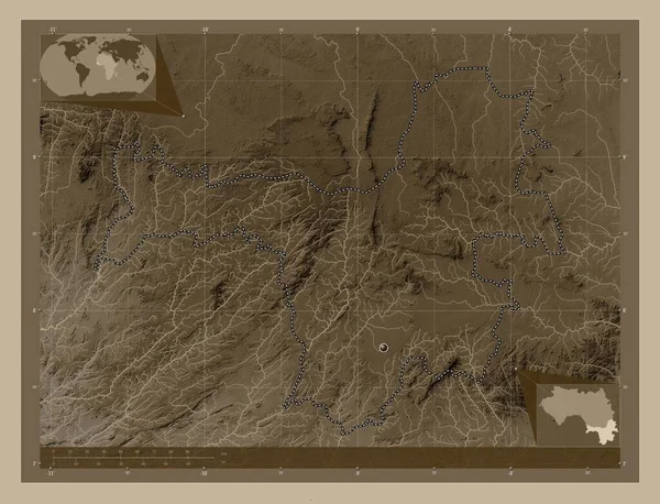 Nzerekore Región Guinea Mapa Elevación Coloreado Tonos Sepia Con Lagos —  Fotos de Stock