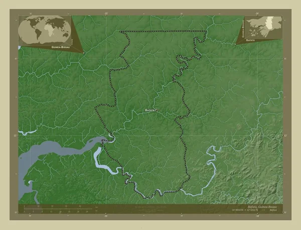 几内亚比绍巴法塔地区 用Wiki风格绘制的带有湖泊和河流的高程地图 该区域主要城市的地点和名称 角辅助位置图 — 图库照片