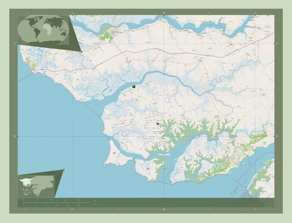 ギニアビサウの地域 ストリートマップを開く 地域の主要都市の場所 コーナー補助位置図 — ストック写真