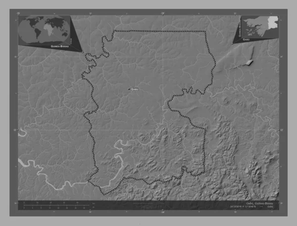ギニアビサウ地方のガブ県 湖や川と二階の標高マップ 地域の主要都市の位置と名前 コーナー補助位置図 — ストック写真