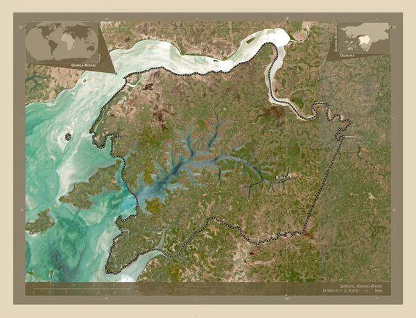 ギニアビサウ地方のキナーラ県 高解像度衛星地図 地域の主要都市の位置と名前 コーナー補助位置図 — ストック写真