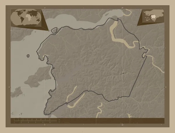 Кинара Область Гвинея Бисау Карта Высоты Окрашенная Сепиевые Тона Озерами — стоковое фото