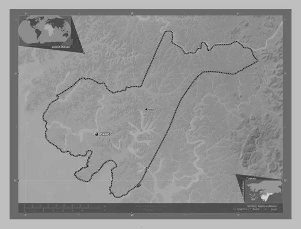 Tombali Region Guinea Bissau Grayscale Elevation Map Lakes Rivers Locations — Stock Photo, Image