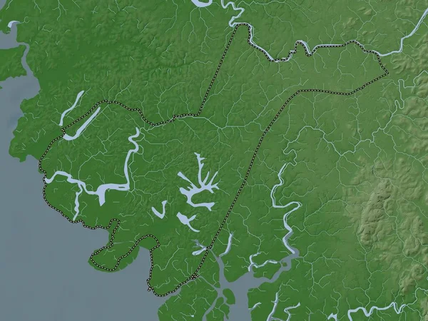 几内亚比绍地区的Tombali 带有湖泊和河流的Wiki风格的高程图 — 图库照片