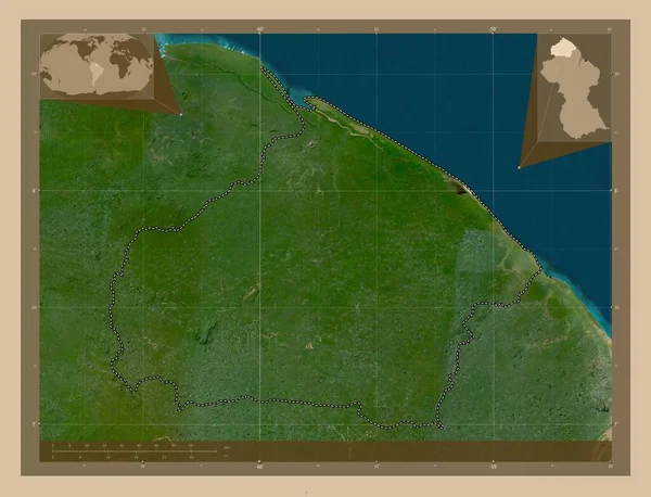 ガイアナの地域 バリマ ワイニ 低解像度衛星地図 地域の主要都市の場所 コーナー補助位置図 — ストック写真