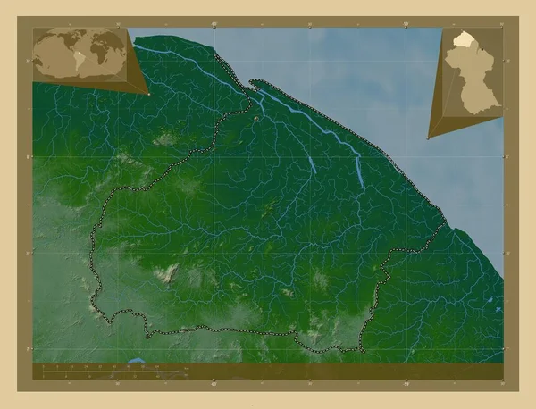 ガイアナの地域 バリマ ワイニ 湖や川と色の標高マップ 地域の主要都市の場所 コーナー補助位置図 — ストック写真