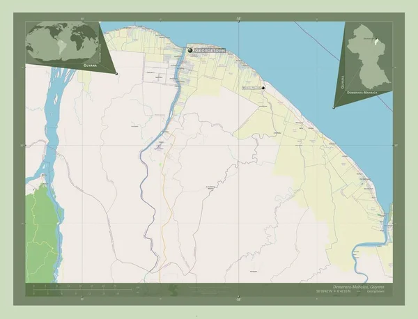Demerara Mahaica 圭亚那地区 开放街道地图 该区域主要城市的地点和名称 角辅助位置图 — 图库照片