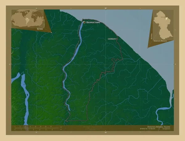 Demerara Mahaica Region Gujany Kolorowa Mapa Wzniesień Jeziorami Rzekami Lokalizacje — Zdjęcie stockowe
