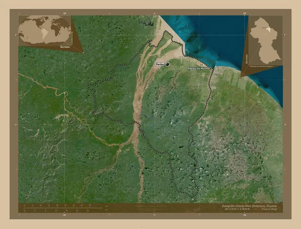 エセキボ諸島 西デメララ ガイアナの地域 低解像度衛星地図 地域の主要都市の位置と名前 コーナー補助位置図 — ストック写真