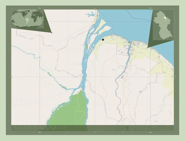 エセキボ諸島 西デメララ ガイアナの地域 ストリートマップを開く 地域の主要都市の場所 コーナー補助位置図 — ストック写真