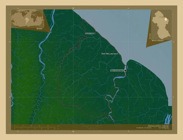 ガイアナの地域のMahaica Berbice 湖や川と色の標高マップ 地域の主要都市の位置と名前 コーナー補助位置図 — ストック写真