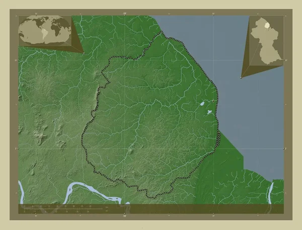 圭亚那地区的Pomeroon Supenlin 用Wiki风格绘制的带有湖泊和河流的高程地图 角辅助位置图 — 图库照片