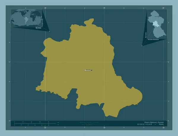 ポタロ シパルニ ガイアナの地方 しっかりした色の形 地域の主要都市の位置と名前 コーナー補助位置図 — ストック写真