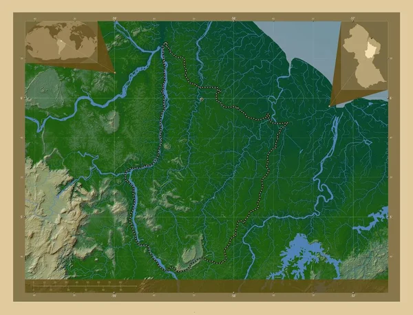 圭亚那地区上德梅拉拉 贝比斯 有湖泊和河流的彩色高程图 角辅助位置图 — 图库照片