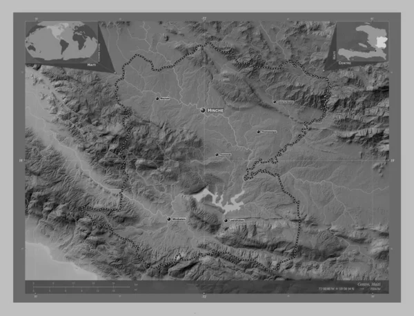 Zentrum Abteilung Haiti Graustufen Höhenkarte Mit Seen Und Flüssen Orte — Stockfoto