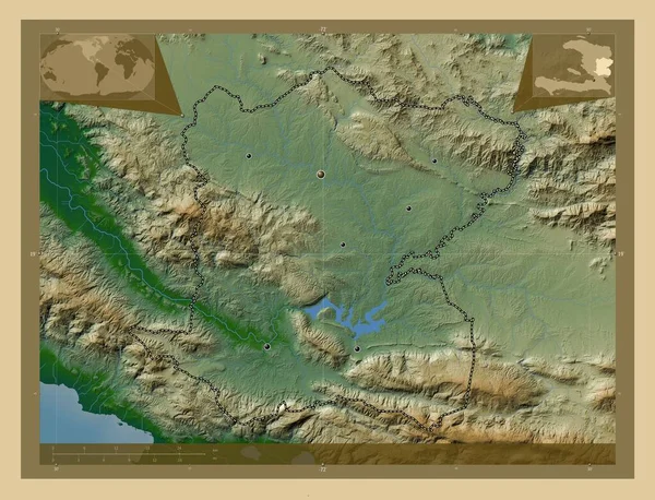 ハイチ中央部 湖や川と色の標高マップ 地域の主要都市の場所 コーナー補助位置図 — ストック写真