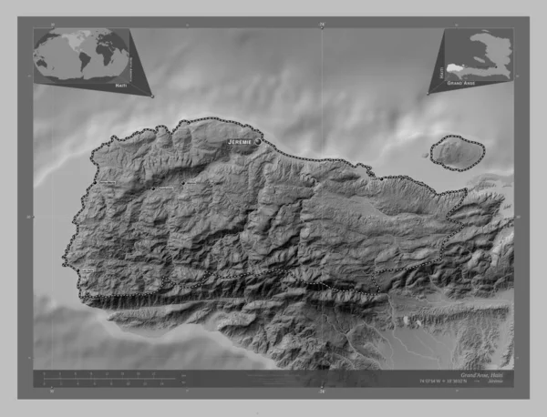 ハイチのグラン アンセ県出身 湖や川とグレースケールの標高マップ 地域の主要都市の位置と名前 コーナー補助位置図 — ストック写真