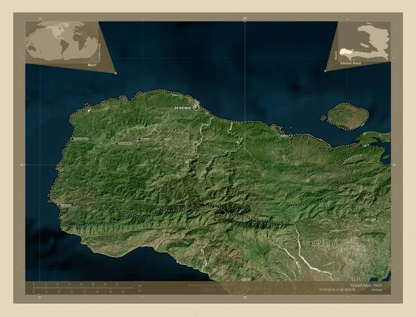 ハイチのグラン アンセ県出身 高解像度衛星地図 地域の主要都市の位置と名前 コーナー補助位置図 — ストック写真