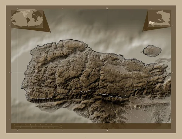 Grand Anse Department Haiti Elevation Map Colored Sepia Tones Lakes — Stock Photo, Image