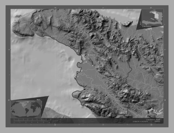 Artibonite Departement Haïti Hoogteplattegrond Met Meren Rivieren Locaties Namen Van — Stockfoto