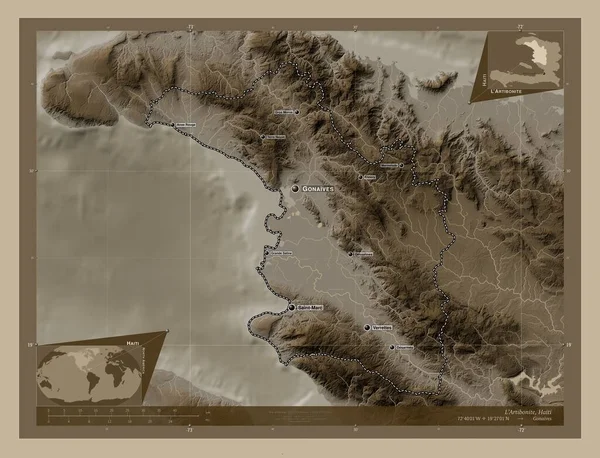 Artibonite Oddělení Haiti Zdvihová Mapa Zbarvená Sépiovými Tóny Jezery Řekami — Stock fotografie