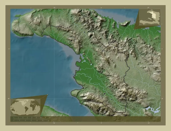 拉蒂博尼特 海地省 用Wiki风格绘制的带有湖泊和河流的高程地图 该区域主要城市的所在地点 角辅助位置图 — 图库照片