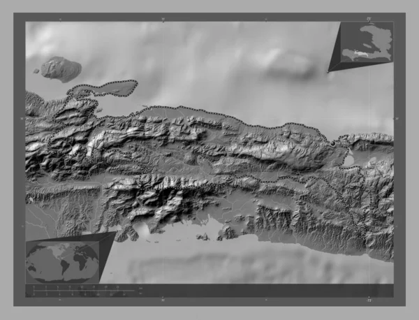 海地省 带湖泊和河流的比尔维尔高程图 角辅助位置图 — 图库照片