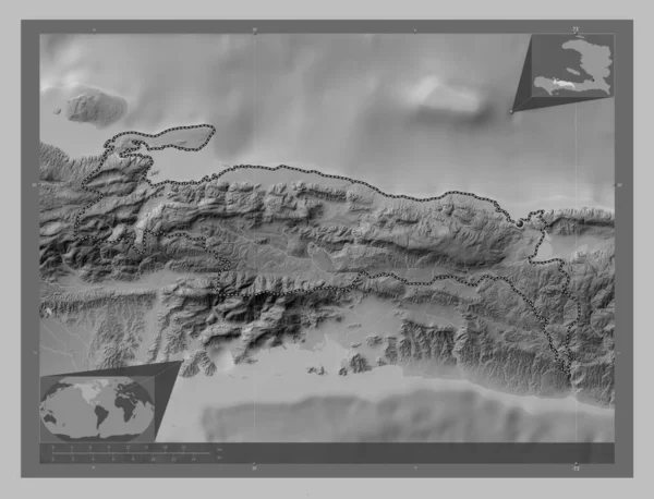 Nippes Department Haiti Grayscale Elevation Map Lakes Rivers Corner Auxiliary — Stock Photo, Image