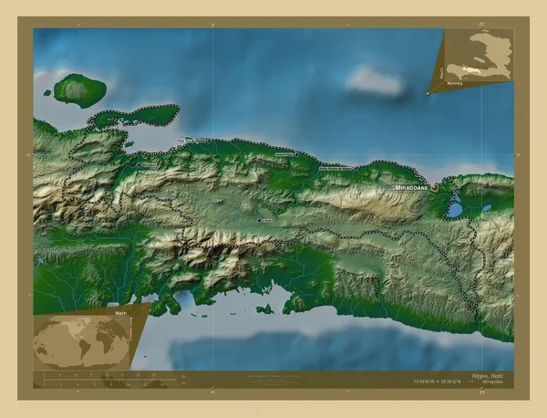海地省 有湖泊和河流的彩色高程图 该区域主要城市的地点和名称 角辅助位置图 — 图库照片