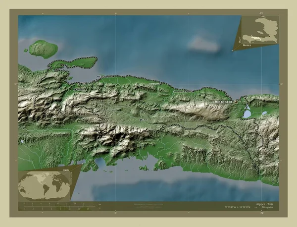ハイチの学科 湖や川とWikiスタイルで着色された標高マップ 地域の主要都市の位置と名前 コーナー補助位置図 — ストック写真