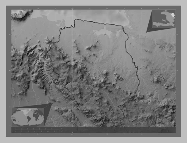 Nord Est Department Haiti Grayscale Elevation Map Lakes Rivers Corner — Stock Photo, Image