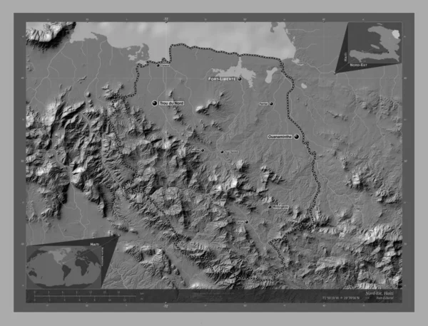 Nord Est Departament Haiti Dwupoziomowa Mapa Jeziorami Rzekami Lokalizacje Nazwy — Zdjęcie stockowe