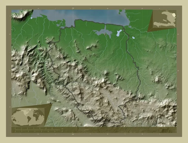 Nord Est Departement Haïti Hoogtekaart Gekleurd Wiki Stijl Met Meren — Stockfoto