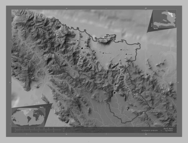 Nord Departement Haïti Grayscale Hoogte Kaart Met Meren Rivieren Locaties — Stockfoto