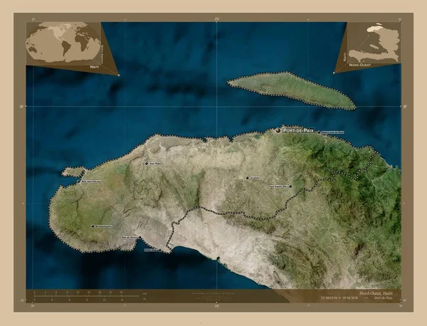 海地西北部省Nord Ouest Department Haiti 低分辨率卫星地图 该区域主要城市的地点和名称 角辅助位置图 — 图库照片