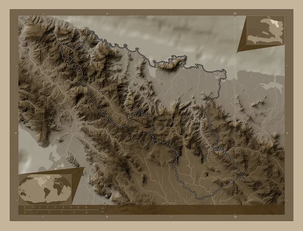 Nord Oddělení Haiti Zdvihová Mapa Zbarvená Sépiovými Tóny Jezery Řekami — Stock fotografie