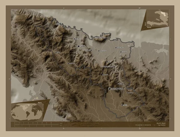 Norte Departamento Haití Mapa Elevación Coloreado Tonos Sepia Con Lagos —  Fotos de Stock