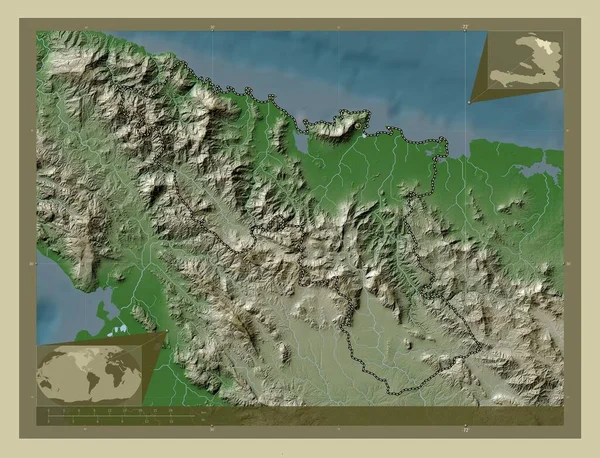 北海地省Nord Department Haiti 用Wiki风格绘制的带有湖泊和河流的高程地图 角辅助位置图 — 图库照片