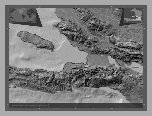 ハイチ県出身 湖や川と二階の標高マップ コーナー補助位置図 — ストック写真