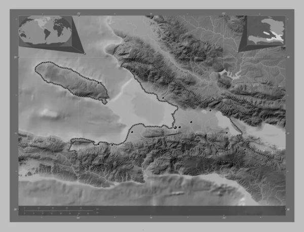 Ouest Departementet Haiti Grayscale Höjdkarta Med Sjöar Och Floder Platser — Stockfoto