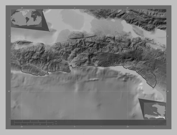 Sud Est Department Haiti Grayscale Elevation Map Lakes Rivers Corner — Stock Photo, Image