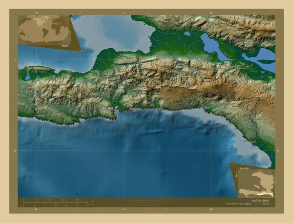 Sud Est Τμήμα Αϊτής Χρωματιστός Υψομετρικός Χάρτης Λίμνες Και Ποτάμια — Φωτογραφία Αρχείου
